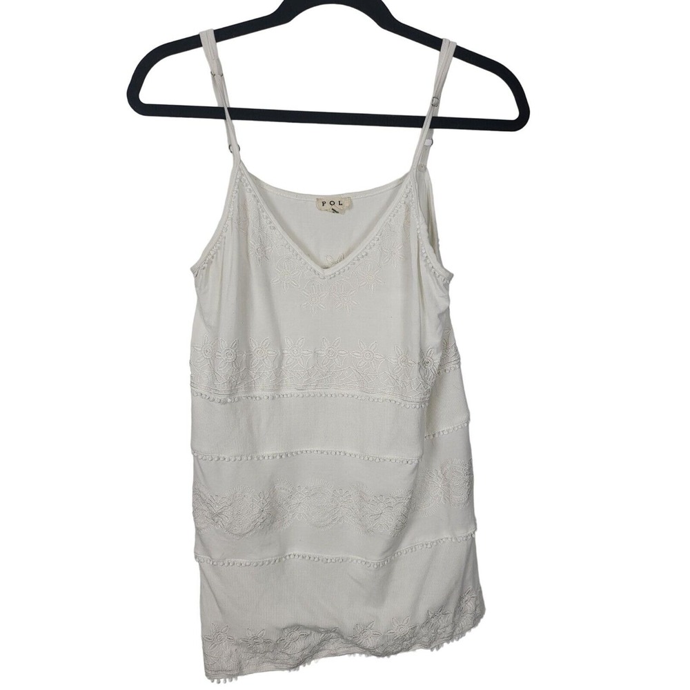 Pol Tank Top White Embroidered Medium Womens V Neck Sleeveless Pullover Blouse